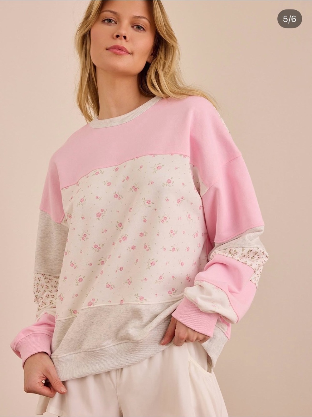 Altar'd State Pink & Cream Floral Patchwork Sweatshirt